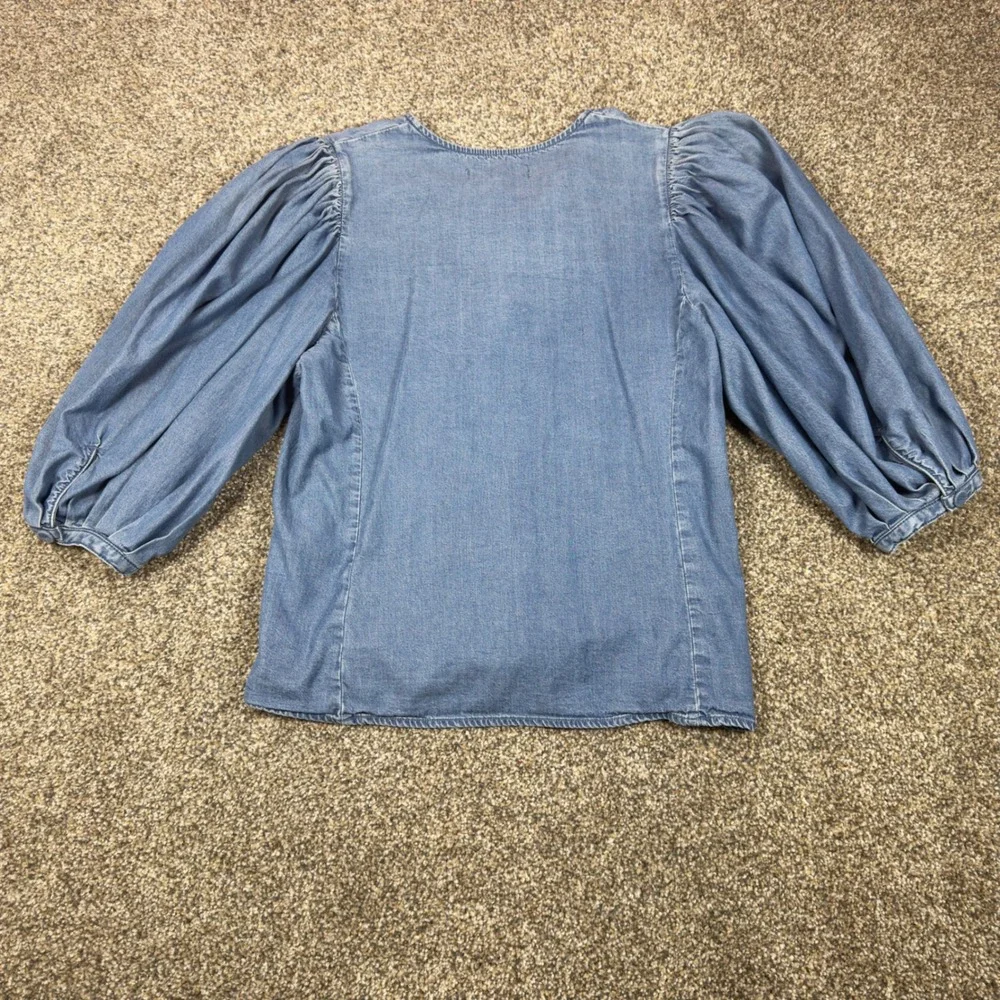 Madewell Chambray Puff Sleeve Button Front Top Blue Lyocell Blend Blouse Size 4